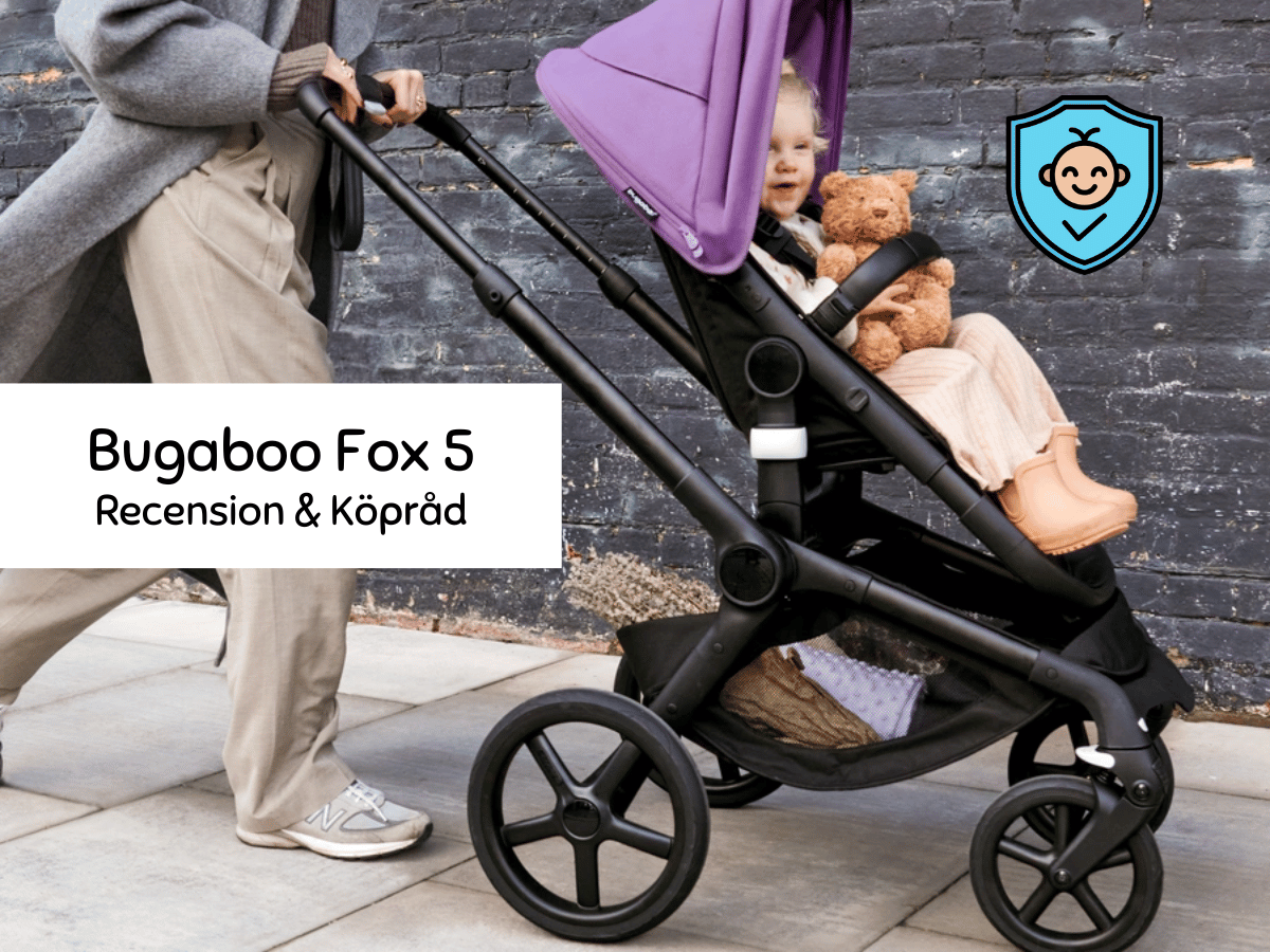 Omslagsbild - Bild på Bugaboo Fox 5 med ett barn i samt Tryggtbarns logga